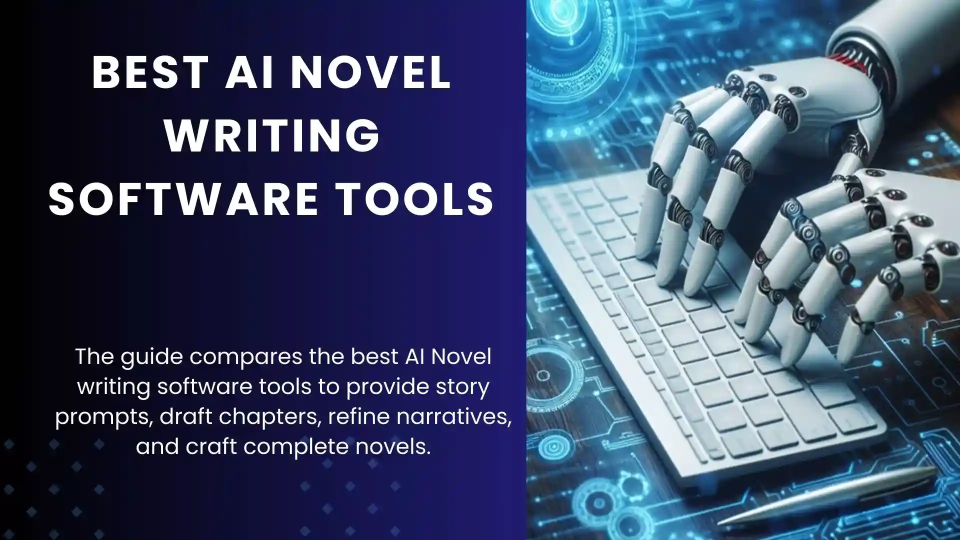 A featured image for the best AI AI Novel Writing Software tools shown by a robot hand typing