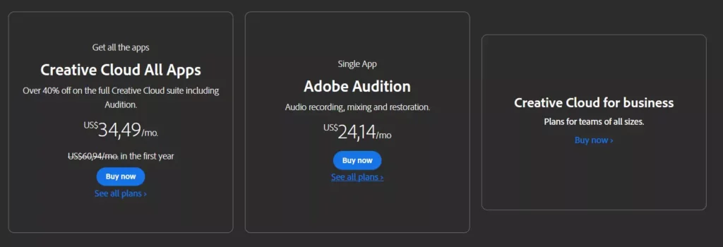 adobe-audition. various pricing plans and features. 