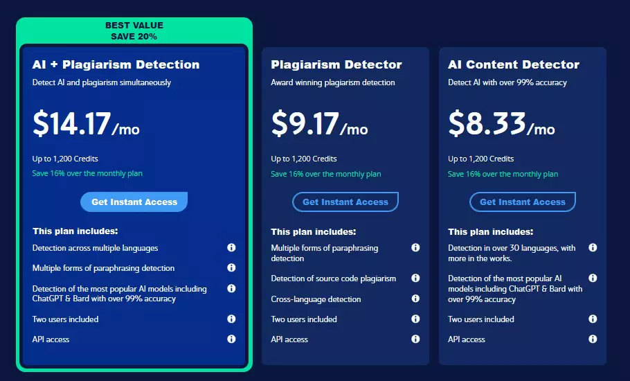 Pricing details for Copyleaks AI Content Detector. 