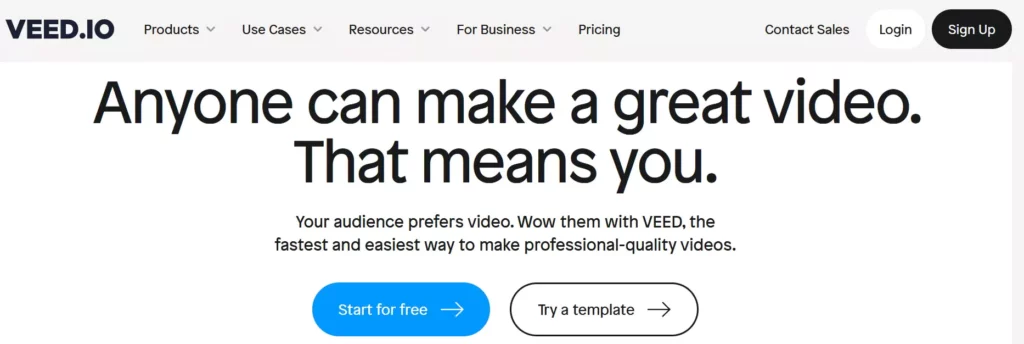 Veed.oi website: Create professional videos easily. Choose templates, add text and music.