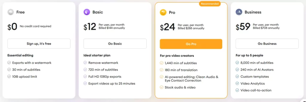 Veed.io pricing page showcasing various subscription plans and their corresponding prices on a website.