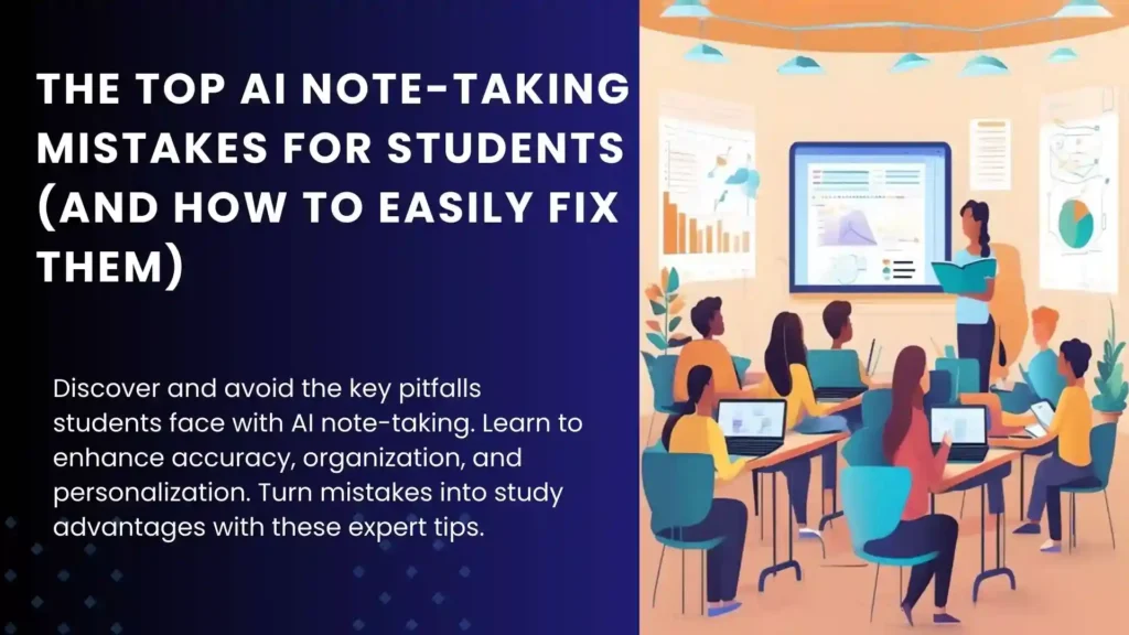 Image illustrating AI note-taking mistakes for students, showcasing students in a modern classroom using AI tools. The futuristic AI interface emphasizes collaboration, organization, and engagement in avoiding pitfalls.