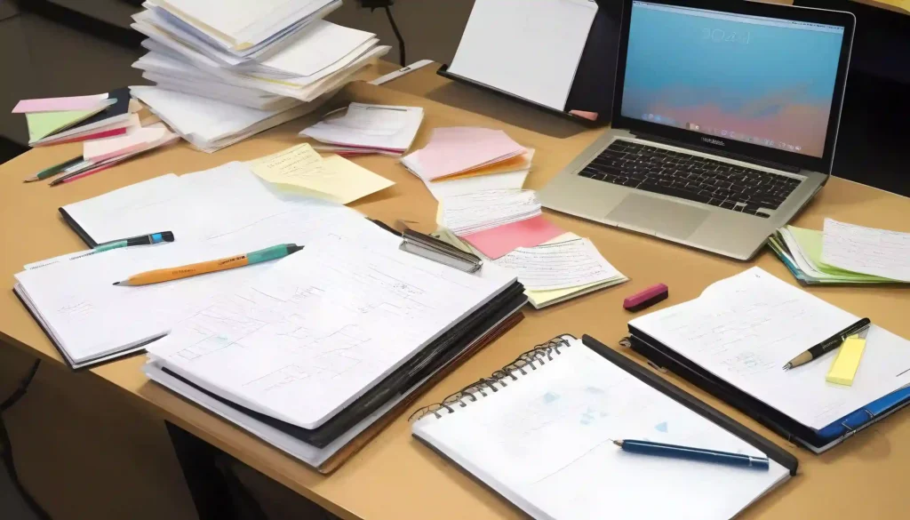 Student workspace with labeled folders and chaotic desk, illustrating the importance of structure in note-taking. 
