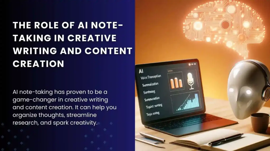 Laptop showcasing AI note-taking in creative writing features, a pen symbolizing tradition, and a vibrant thought bubble illustrating the synergy of human creativity with AI assistance in writing.