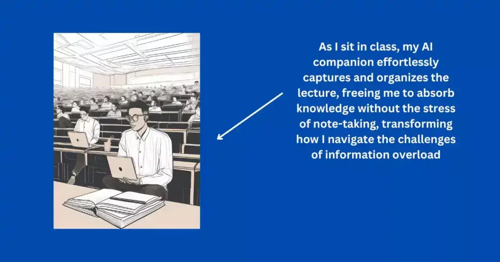 A STEM student in a lecture hall with an AI device, capturing and organizing lecture content in real-time, providing a seamless solution for information overload by automating AI note-taking and enhancing the learning experience.