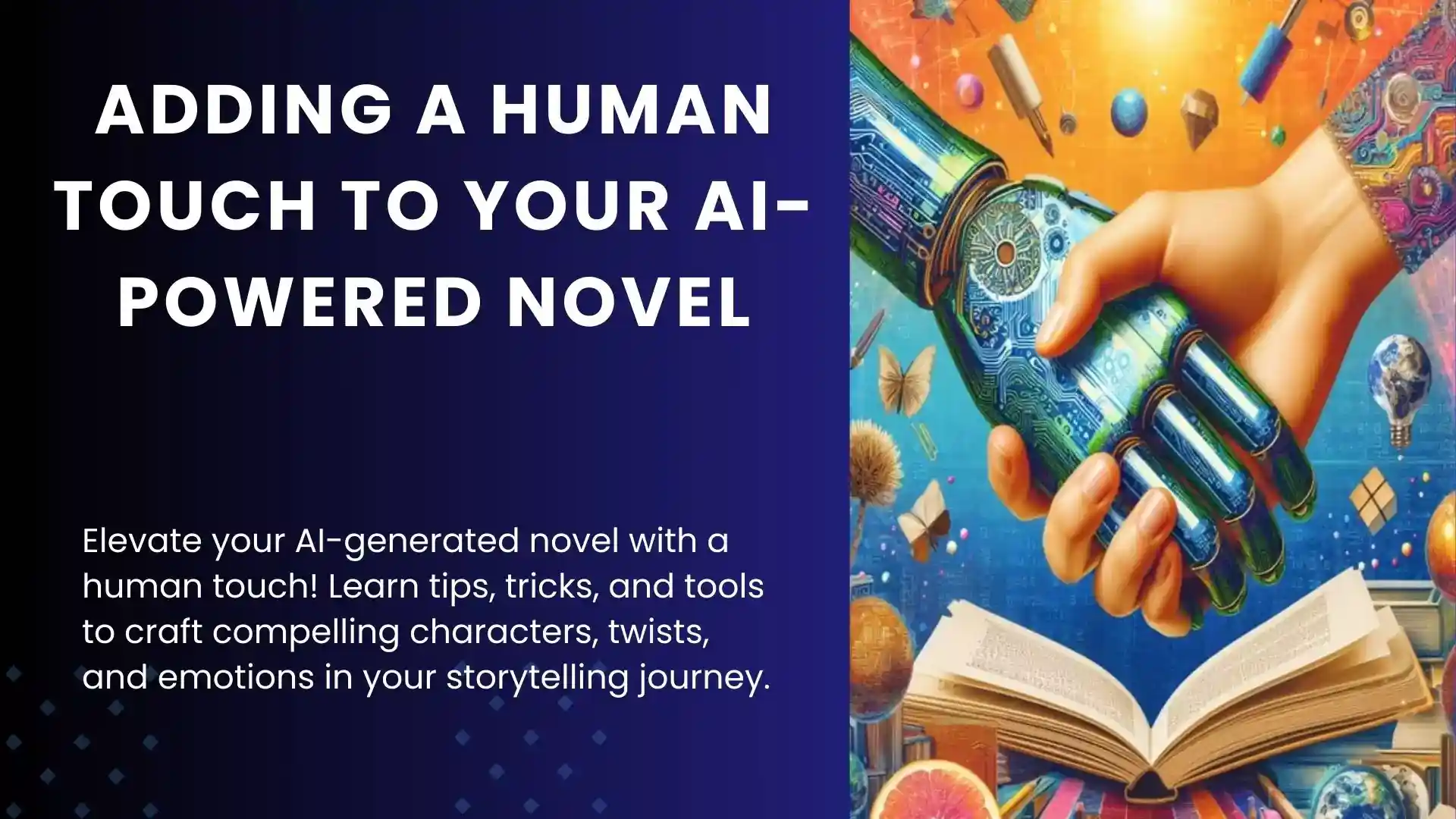 Human and AI hands clasp amidst a storytelling collage, symbolizing collaboration to add a human touch to your AI novel.